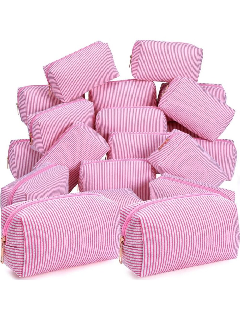 20 Pcs Striped Seersucker Cosmetic Bags Set, Pink Zip Pouches for Travel